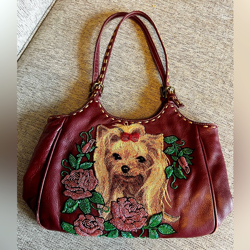 Vintage Isabella Fiore Beaded and stitched Yorkie Leather Maroon Handbag